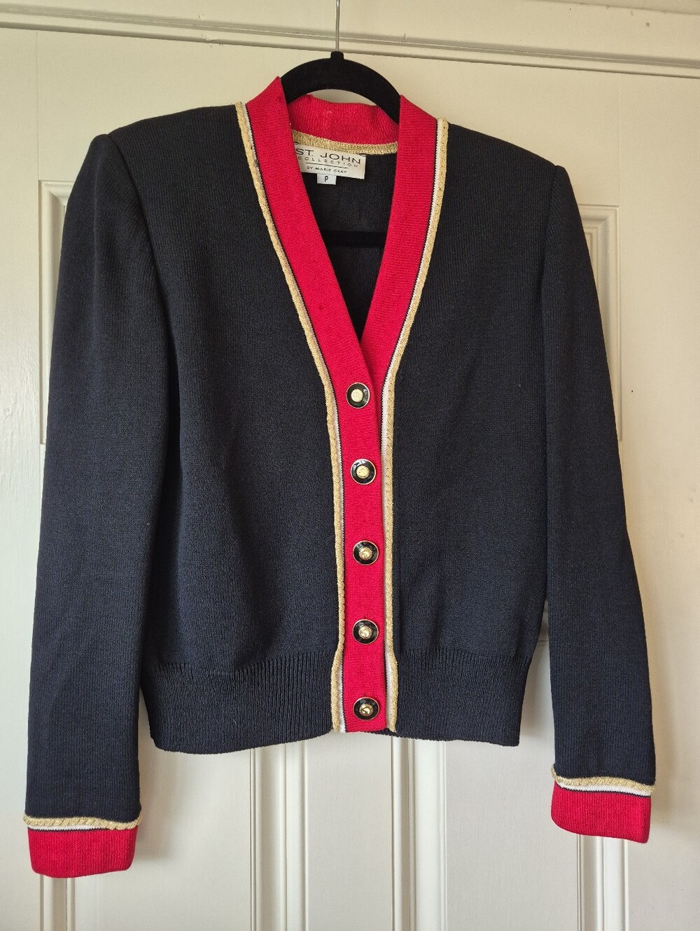 St John Marie Gray Button Front Cardigan Black Gold Logo
